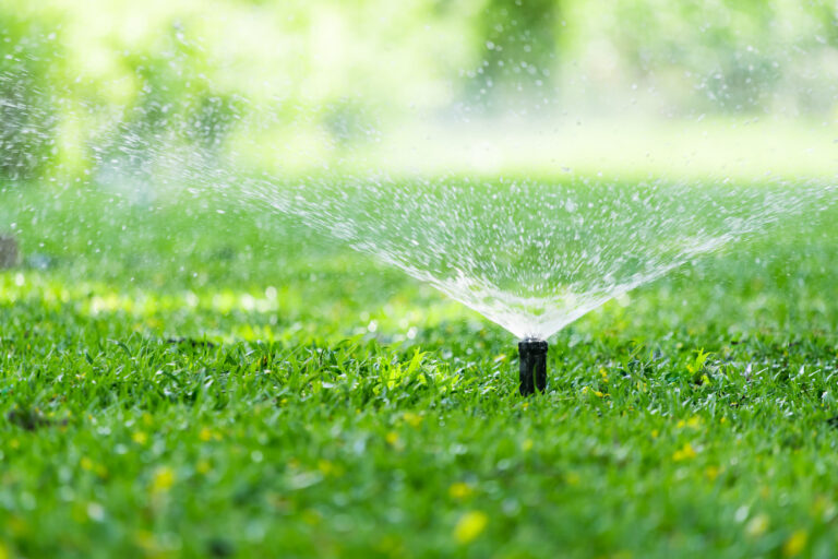 Automatic garden lawn sprinkler in action watering grass