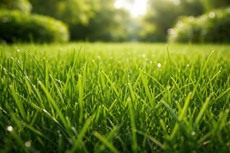 Close up of green bermuda grass blades in a sunny garden